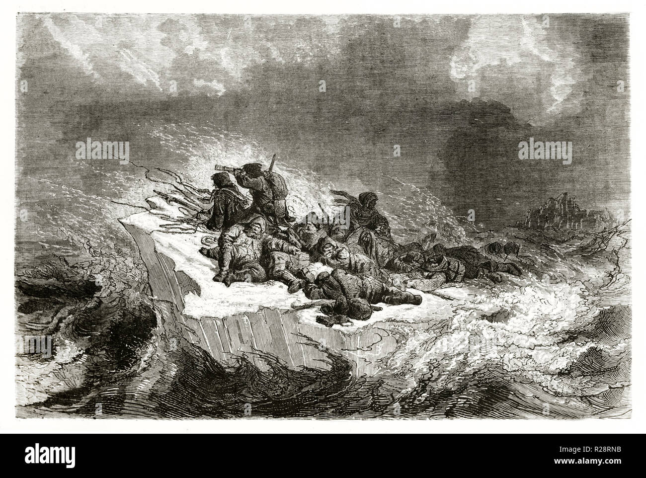 Vieille illustration d'Iemarck les marins naufragés du navire le fragment de glace, mer de Kara. Par Foulquier, publ. sur le Tour du Monde, Paris, 1863 Banque D'Images