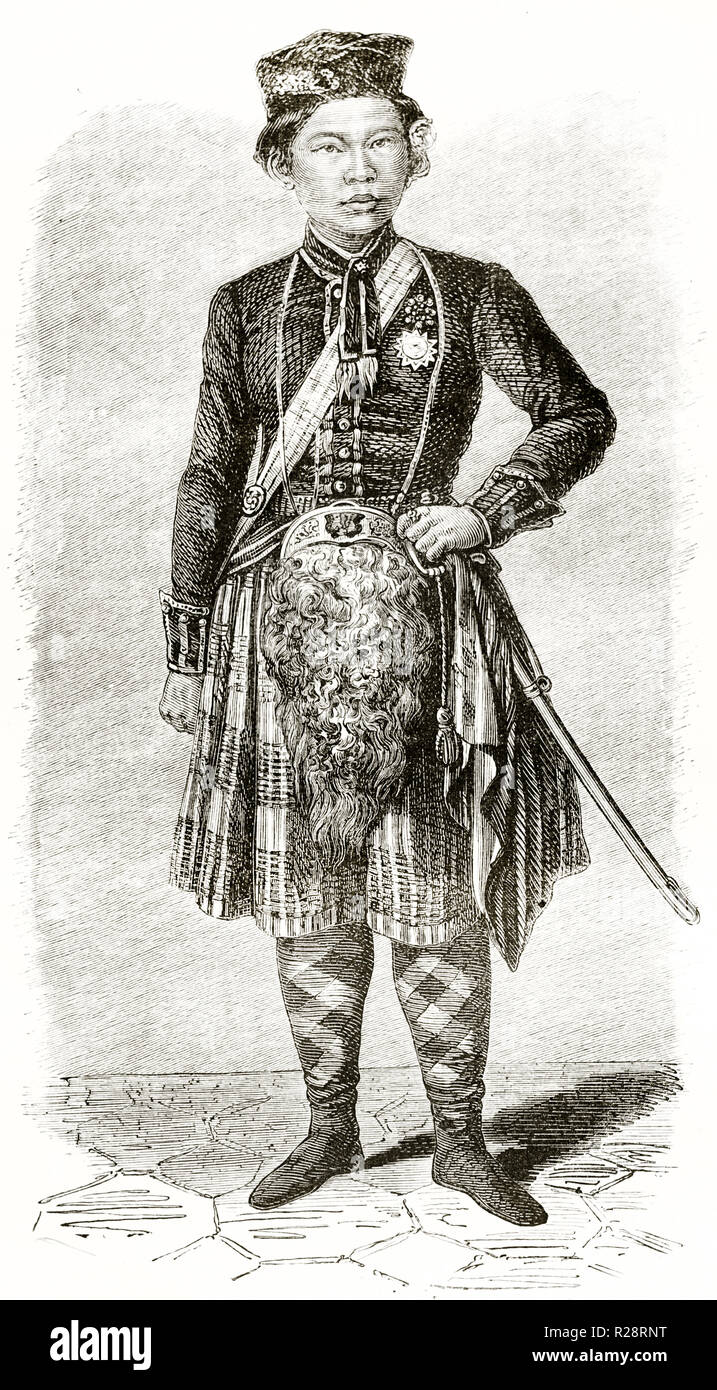 Ancien gravé portrait d'une Amazon du Roi de Siam. Par Rousseau, publ. sur le Tour du Monde, Paris, 1863 Banque D'Images