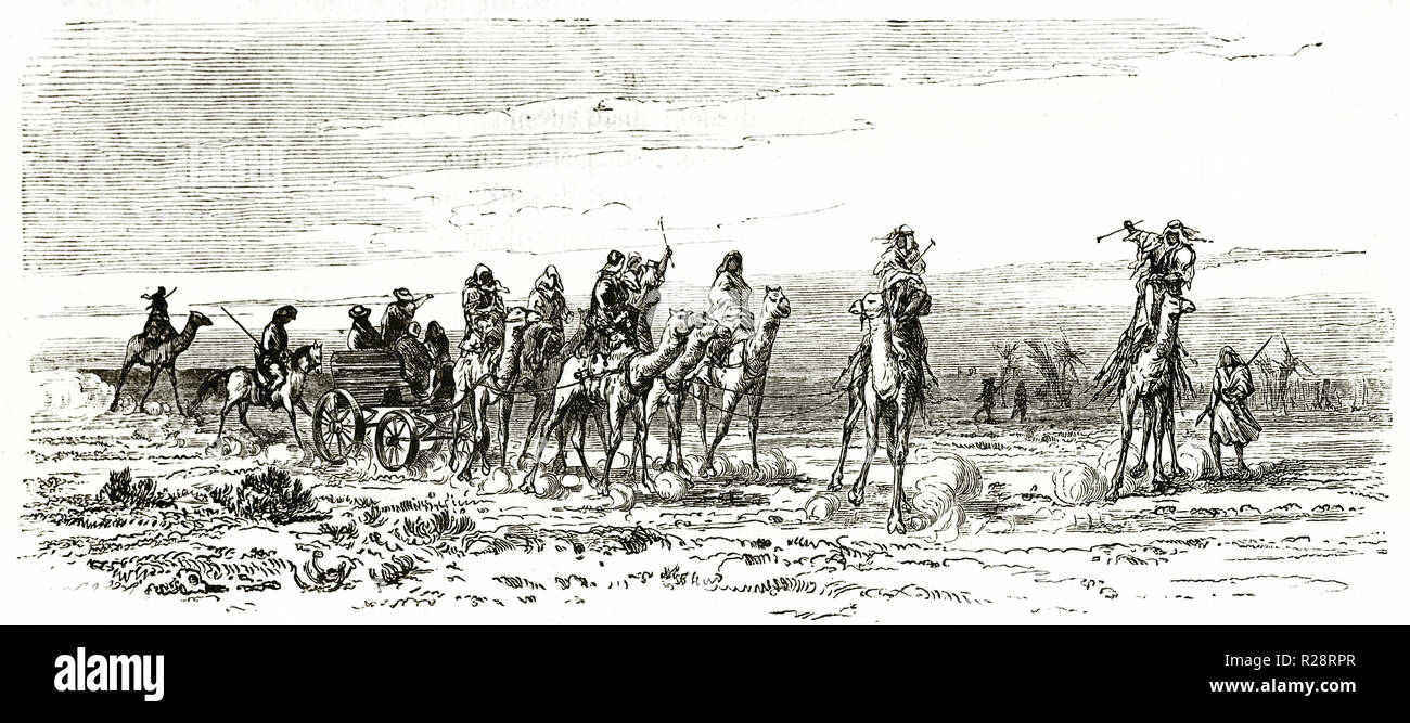 Vieille illustration panier et caravane de Compagnie du Canal de Suez. Par Grenet, publ. sur le Tour du Monde, Paris, 1863 Banque D'Images
