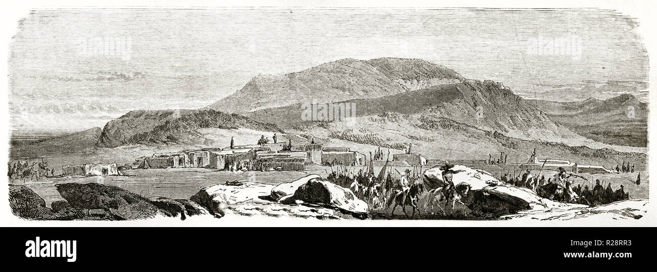 Vieille illustration caravane au départ de Tadjrouna, Algérie. Par Couverchel, publ. sur le Tour du Monde, Paris, 1863 Banque D'Images