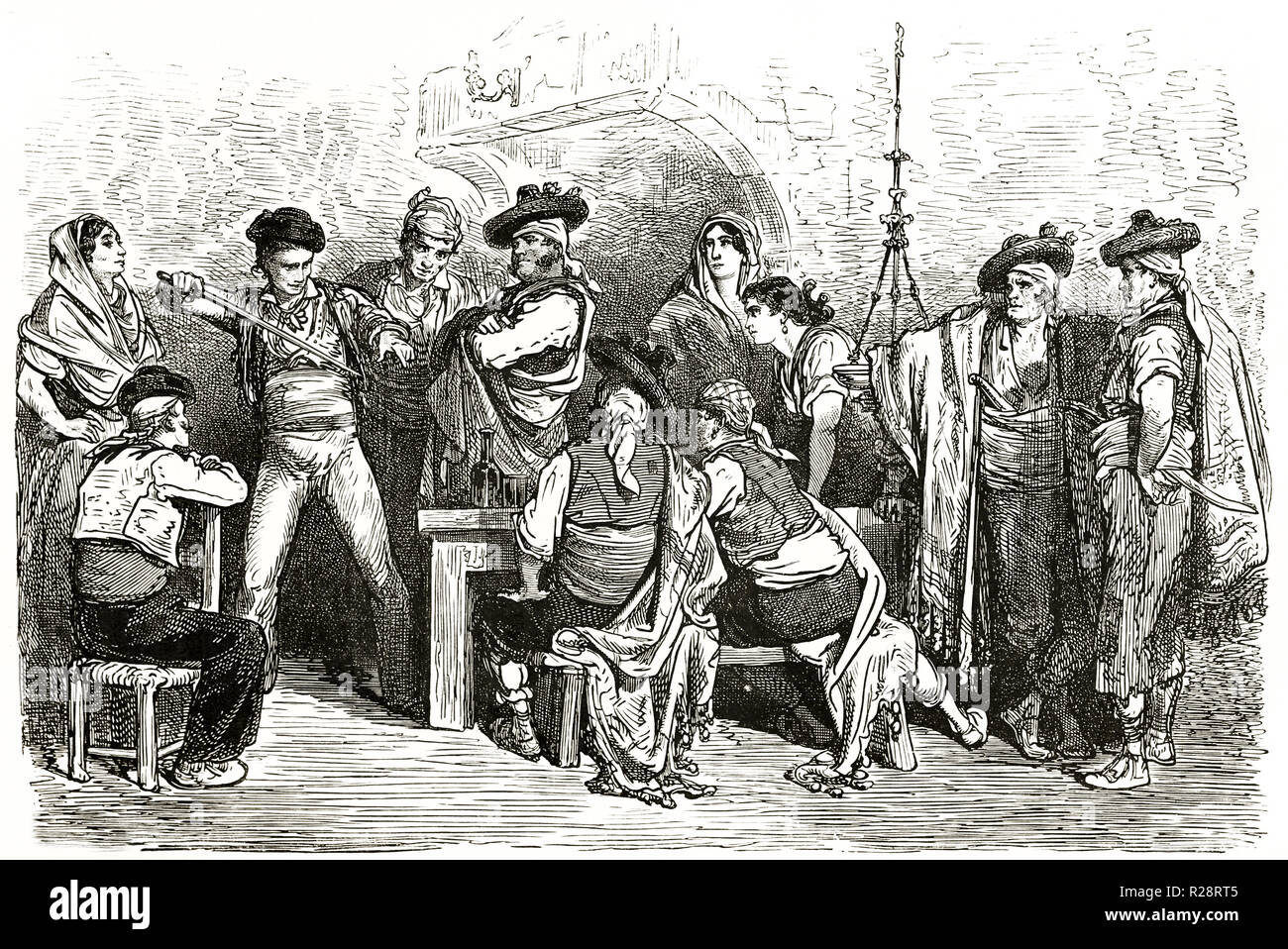 Vieille illustration mimant toreador corrida chez les personnes à Valence, en Espagne. Par Dore, publ. sur le Tour du Monde, Paris, 1863 Banque D'Images
