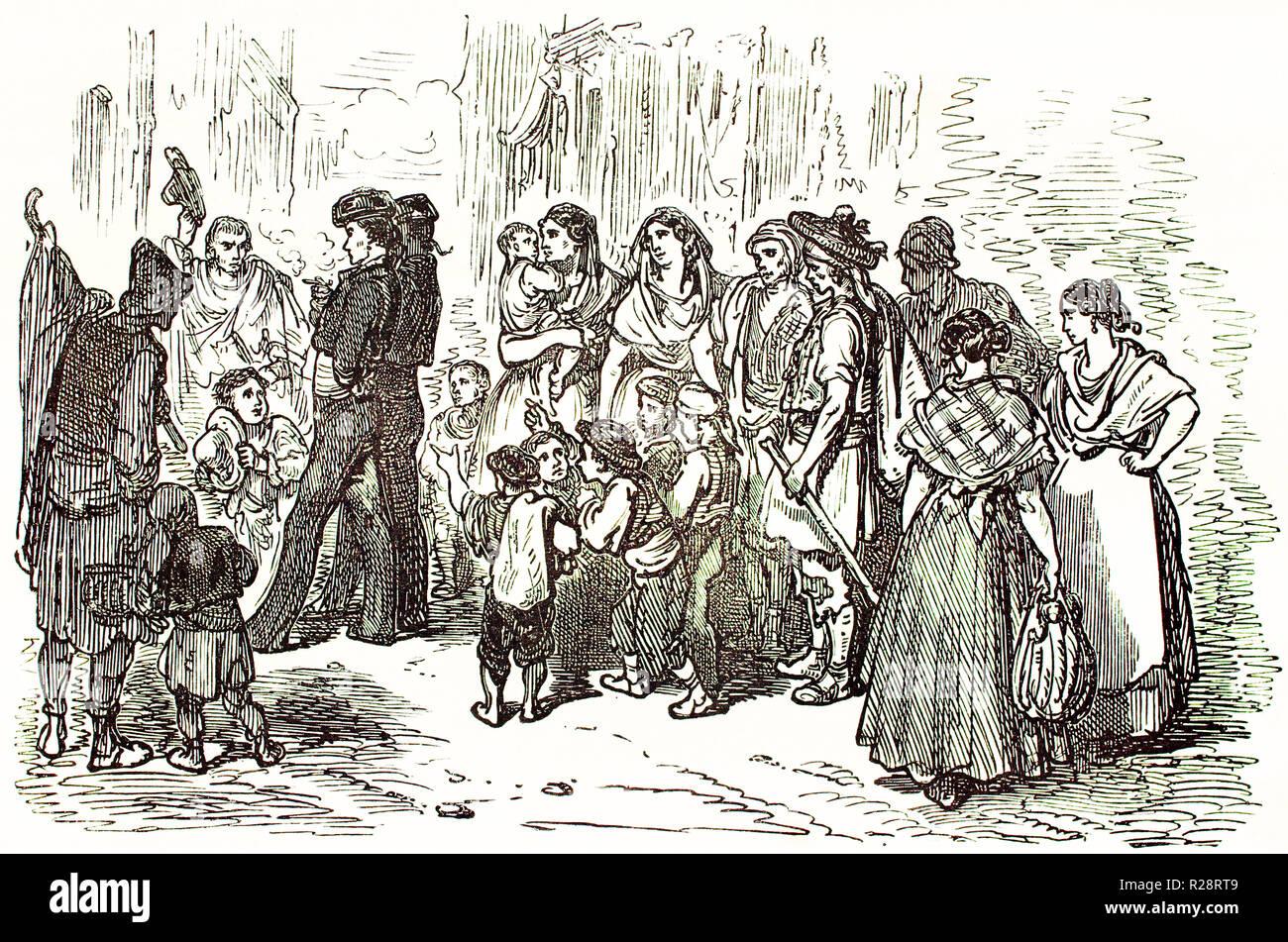 Vieille illustration toreadors parmi les personnes à Valence, en Espagne. Par Dore, publ. sur le Tour du Monde, Paris, 1863 Banque D'Images