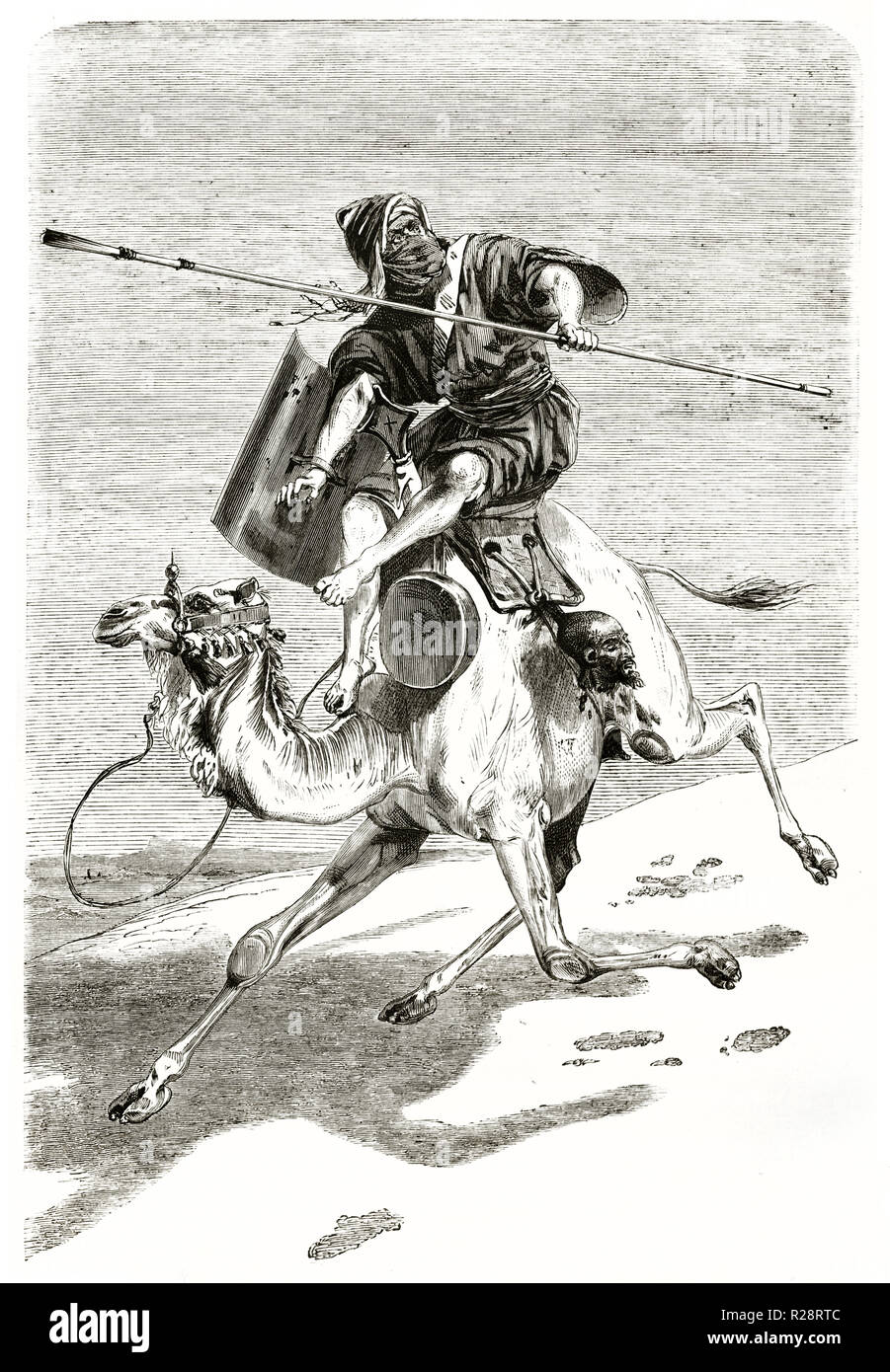 Illustration d'un vieux guerrier touareg dos de chameaux, de l'Algérie. Par Couverchel, publ. sur le Tour du Monde, Paris, 18631863 Banque D'Images