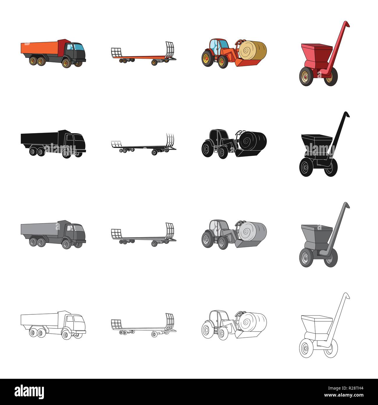 Camion, remorque pour le foin, le tracteur avec un rouleau de foin, broyeur mobile. Différents types de machines agricoles collection set icônes de cartoon mo noir Illustration de Vecteur