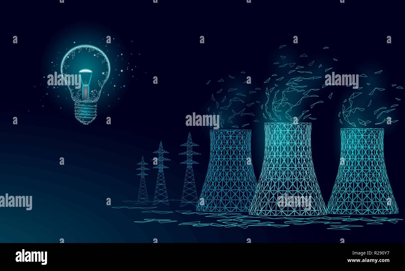 Tour de refroidissement de centrale nucléaire faible poly. L'écologie de rendu 3D sauver la planète de la pollution pour l'environnement. polygonale triangle concept L'électricité des réacteurs nucléaires radioactifs vector illustration Illustration de Vecteur