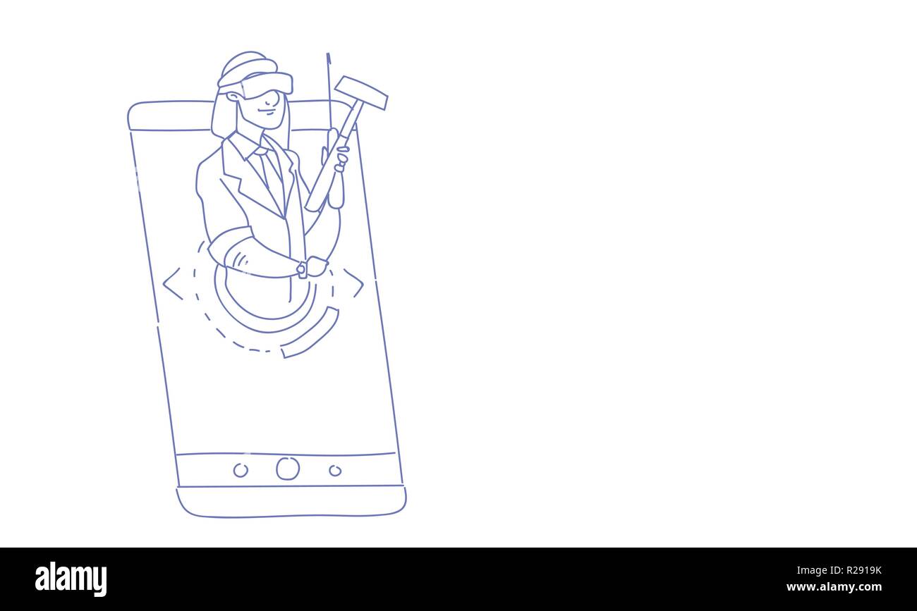 L'homme arabe porter des lunettes de réalité virtuelle y ranger des outils de réparation smartphone écran mobile doodle croquis illustration vecteur horizontal Illustration de Vecteur