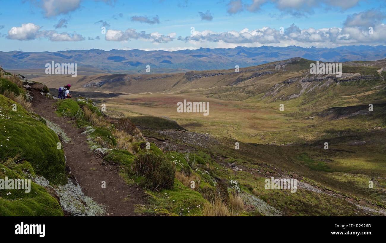 Femme assise à la scout à l'Equatorien moor paysage avec un fond de la cordillère des Andes et un ciel nuageux Banque D'Images