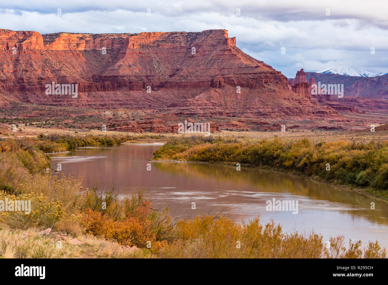 Le Fisher Towers le long d'un coude de la rivière Colorado, dans la vallée, professeur de l'Utah. Banque D'Images