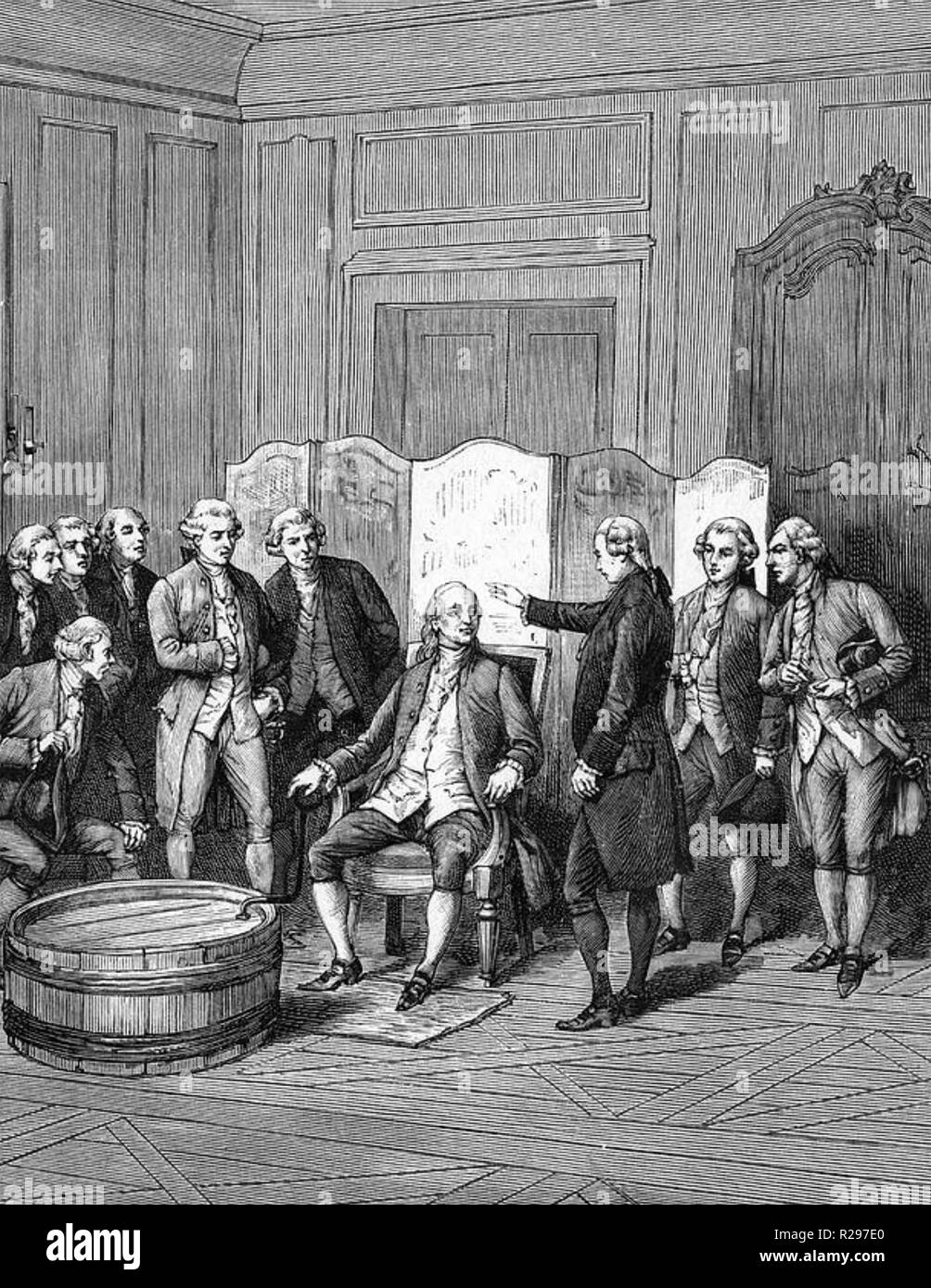 BENJAMIN FRANKLIN (1706-1790) que l'ambassadeur américain à sa résidence française à Passy est l'objet d'un "animal magnetism" expérience menée par Charles d'Ellon au nom d'Anton Mesmer Banque D'Images
