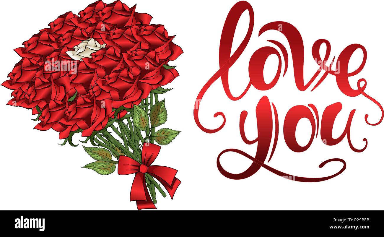 Valentines Day bouquet roses rouge cramoisi lettrage vintage postcard Illustration de Vecteur