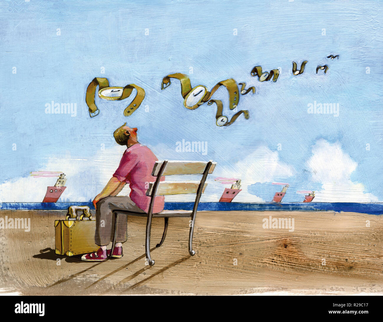 Boy vu d'épaules assis sur banc dans une côte à la mer avec les pieds dans une valise, regarde vers l'horizon où ils s'envolent quelques horloges Banque D'Images