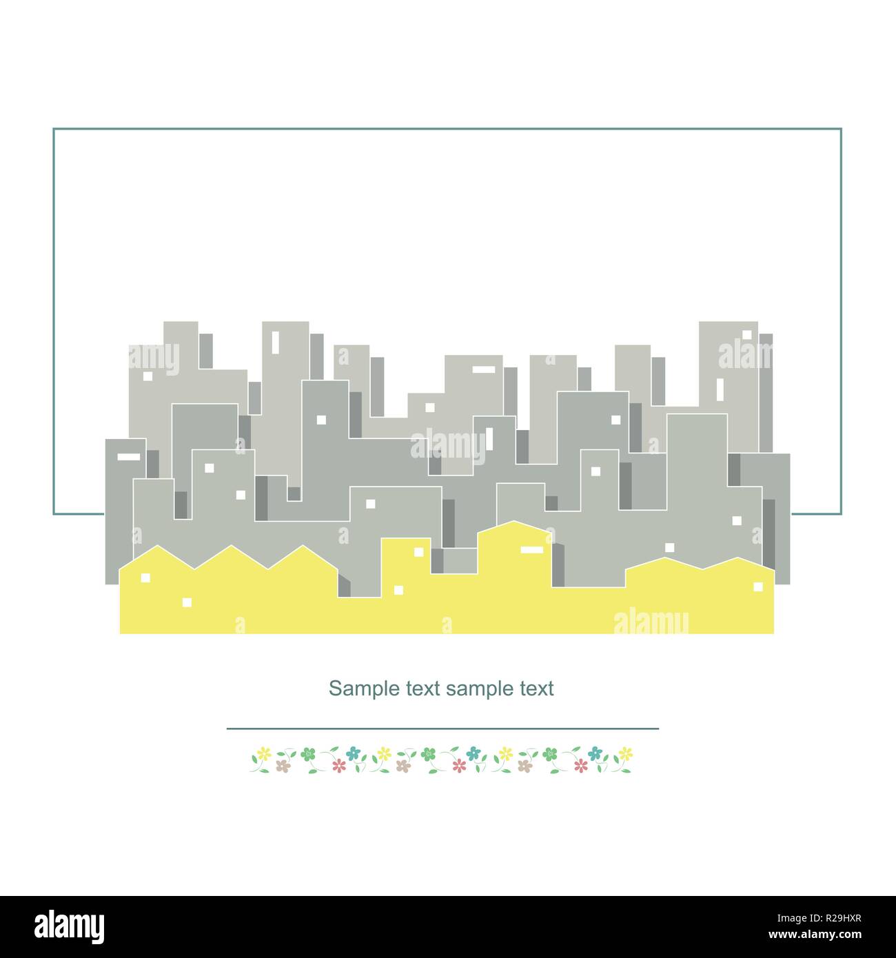 Heureux rang jaune de petites maisons de banlieue en face du vaste paysage urbain gris avec l'exemple de texte sur fond blanc Illustration de Vecteur