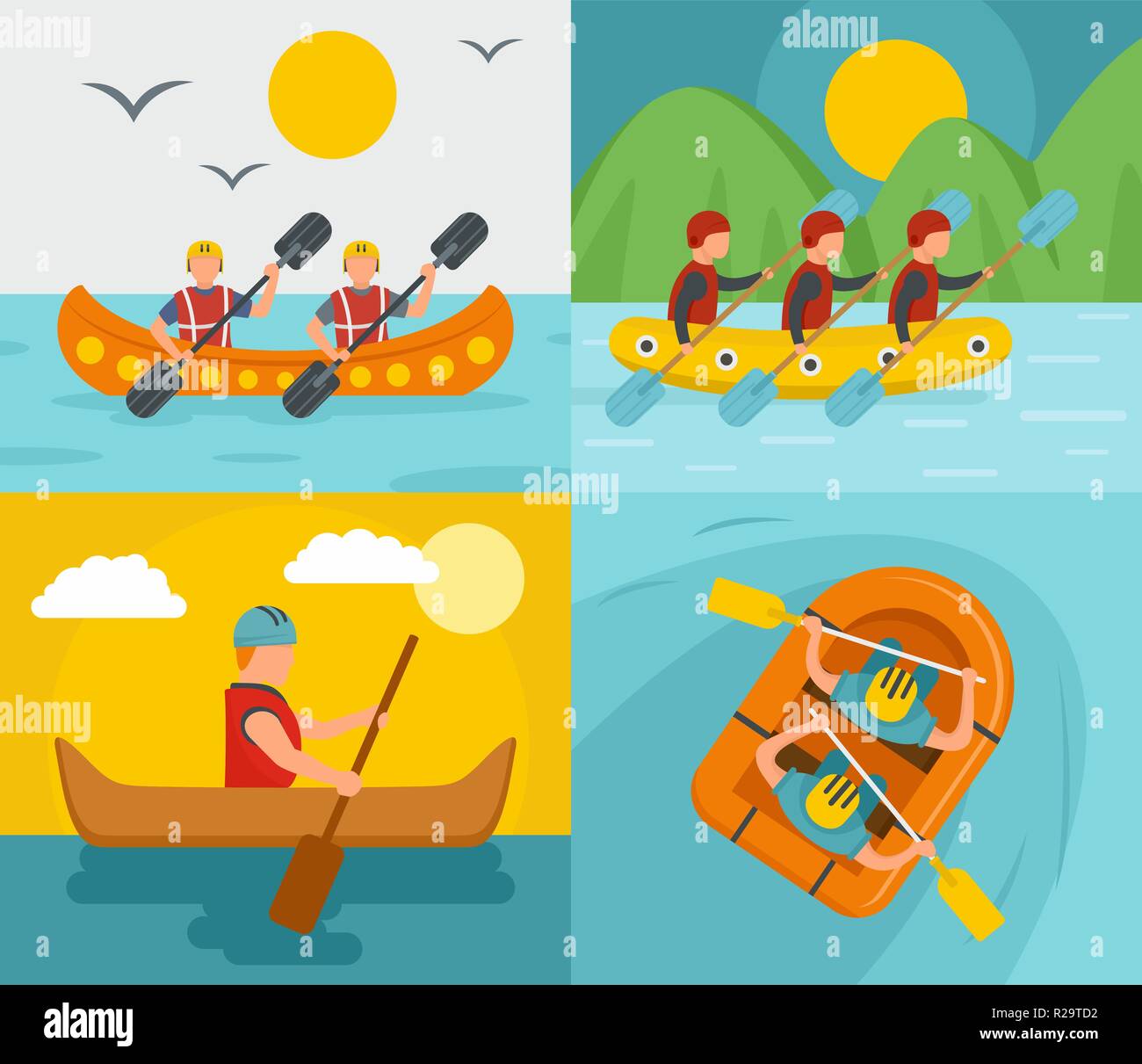 L'eau de la rivière en canoë kayak rafting bannière concept défini. Télévision 4 illustration de l'eau rafting kayak canoe river bannière web Concepts de vecteur Illustration de Vecteur