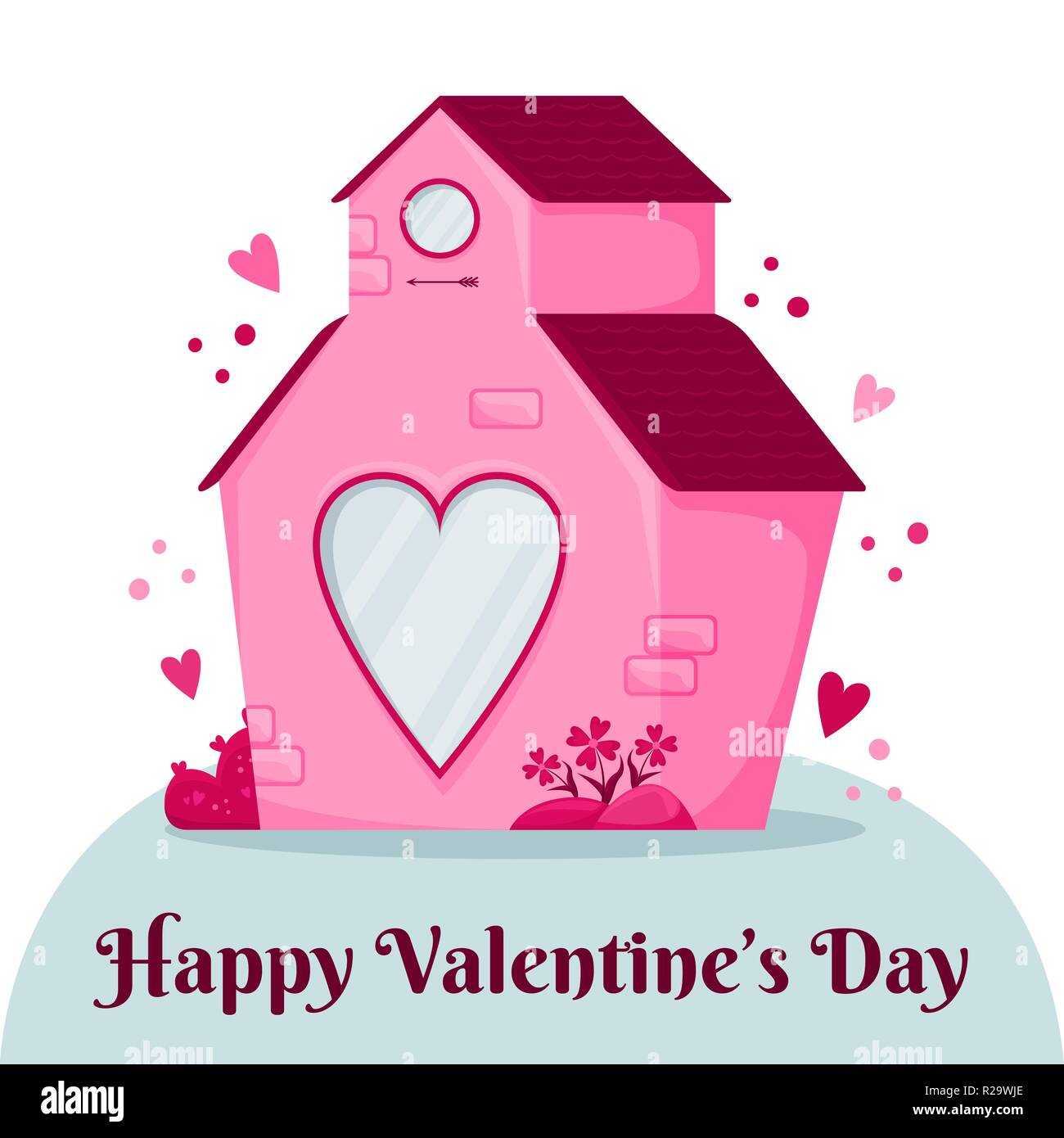 Saint-valentin carte de vœux. Maison rose avec un coeur fenêtre. Happy Valentines Day. Illustration de Vecteur