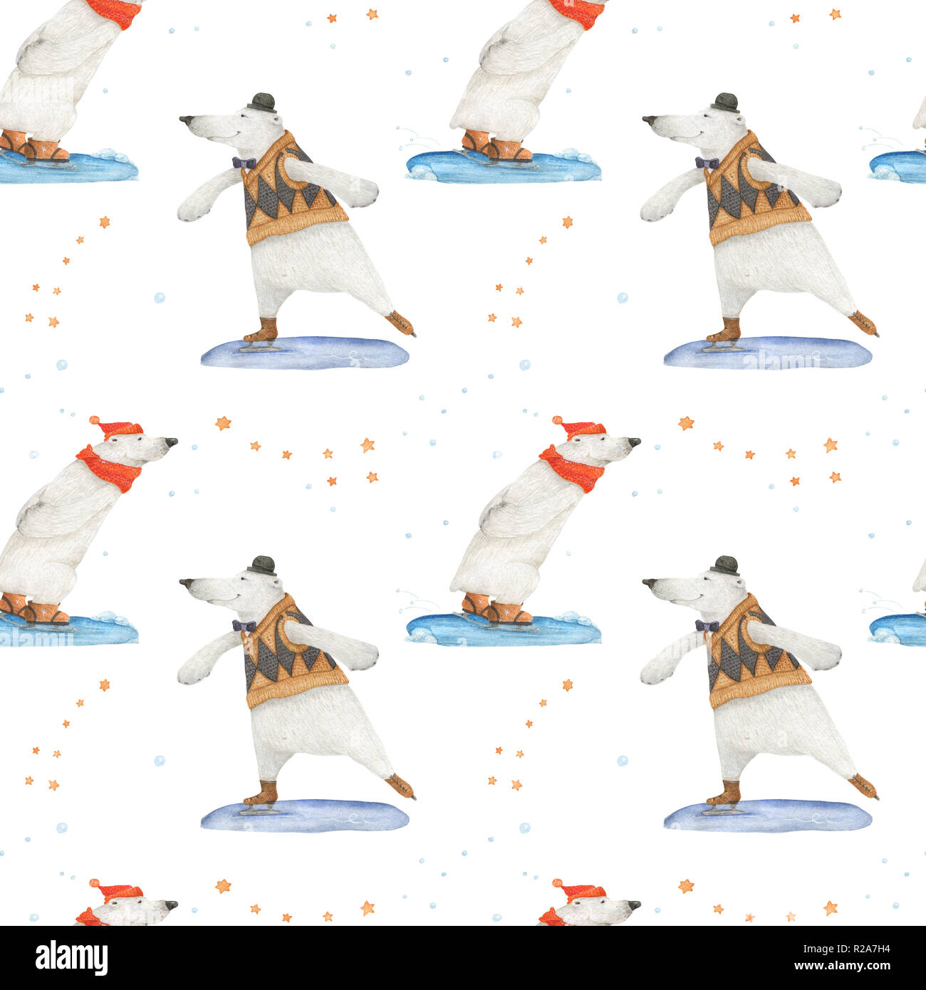 L'ours polaire le patinage. Les modèles sans couture aquarelle pour textile, du papier d'emballage et toute conception de carrelage. Fond blanc, chemin de détourage uncluded Banque D'Images