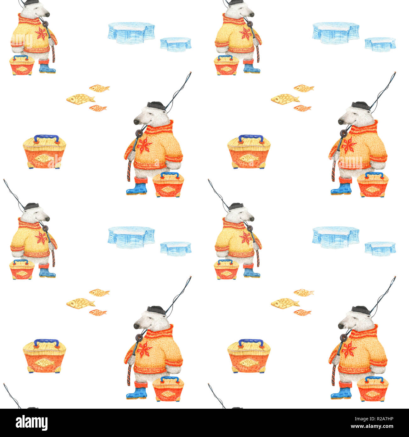 Polar bear Fisher. Les modèles sans couture aquarelle pour textile, du papier d'emballage et toute conception de carrelage. Fond blanc, chemin de détourage uncluded Banque D'Images