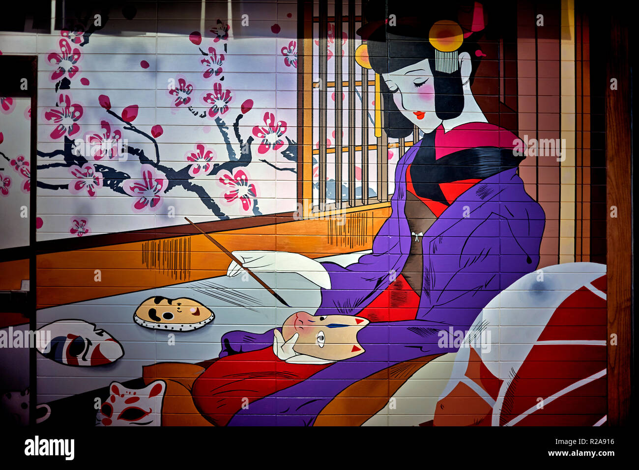 L'art mural femme japonaise en costume traditionnel Banque D'Images