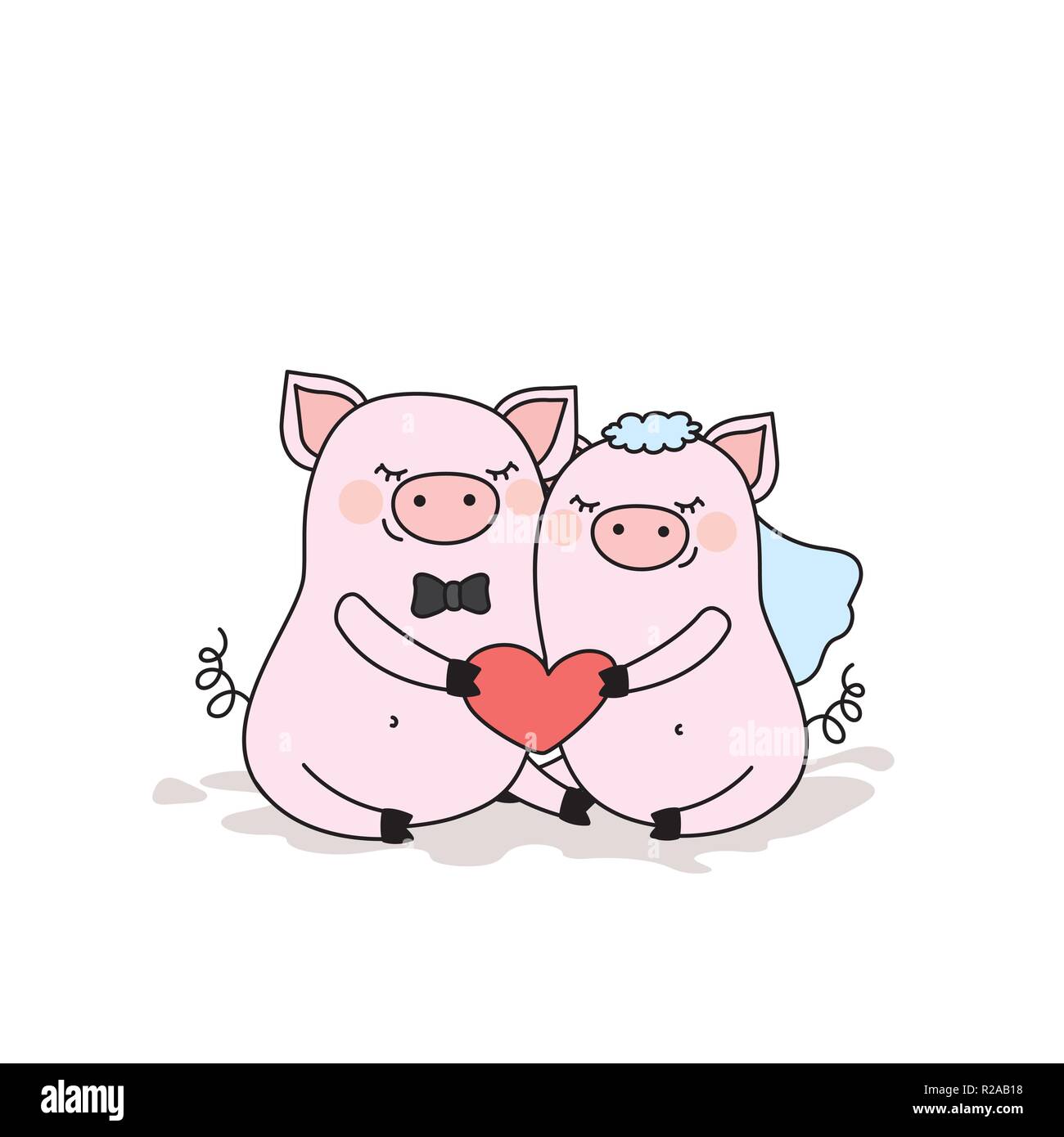 Couple de porcs dans l'amour,deux animaux mignons avec coeur,isolé sur w Illustration de Vecteur