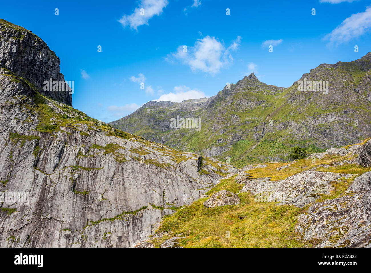 Paysage de montagne à l'été dans les îles Lofoten. La belle nature de la Norvège avec ses chaînes de montagnes à couper le souffle et des pics verts. Banque D'Images