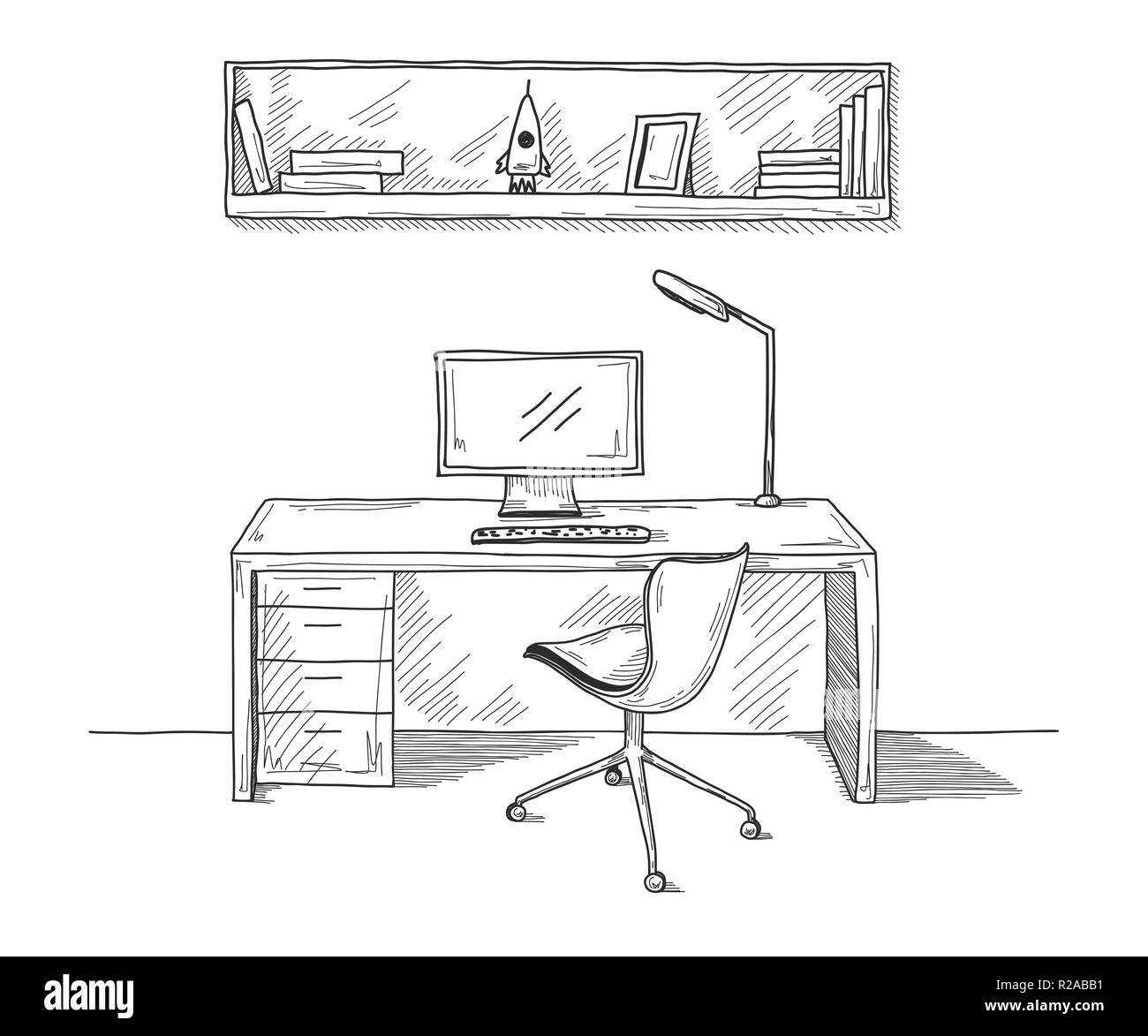 Croquis de la chambre. Chaise de bureau, bureau, divers objets sur la  table. L'espace de dessin. Vector illustration Image Vectorielle Stock -  Alamy
