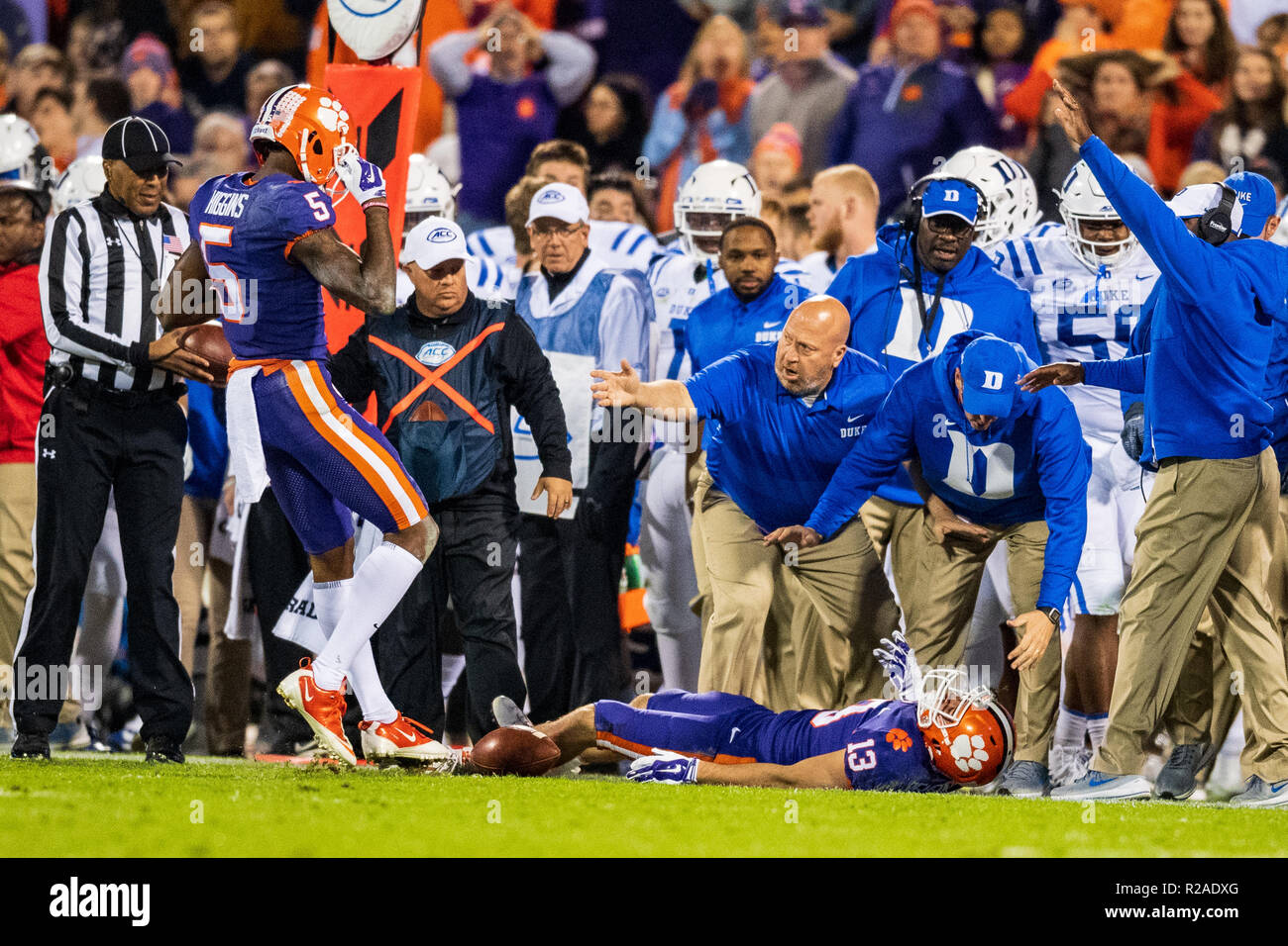 Clemson Tigers wide receiver Hunter Renfrow (13) a été blessé au cours de la NCAA college football match entre le Duc et Clemson le samedi 17 novembre 2018 au Memorial Stadium à Clemson, SC. Jacob Kupferman/CSM Banque D'Images