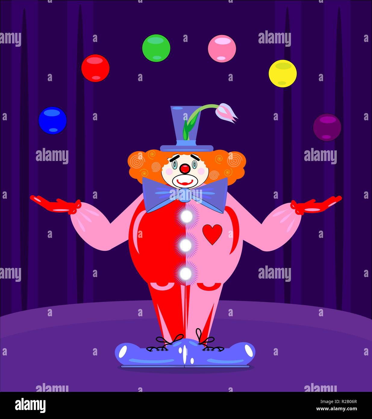 Scène violet foncé et rouge résumé clown qui jongle avec des balles Illustration de Vecteur
