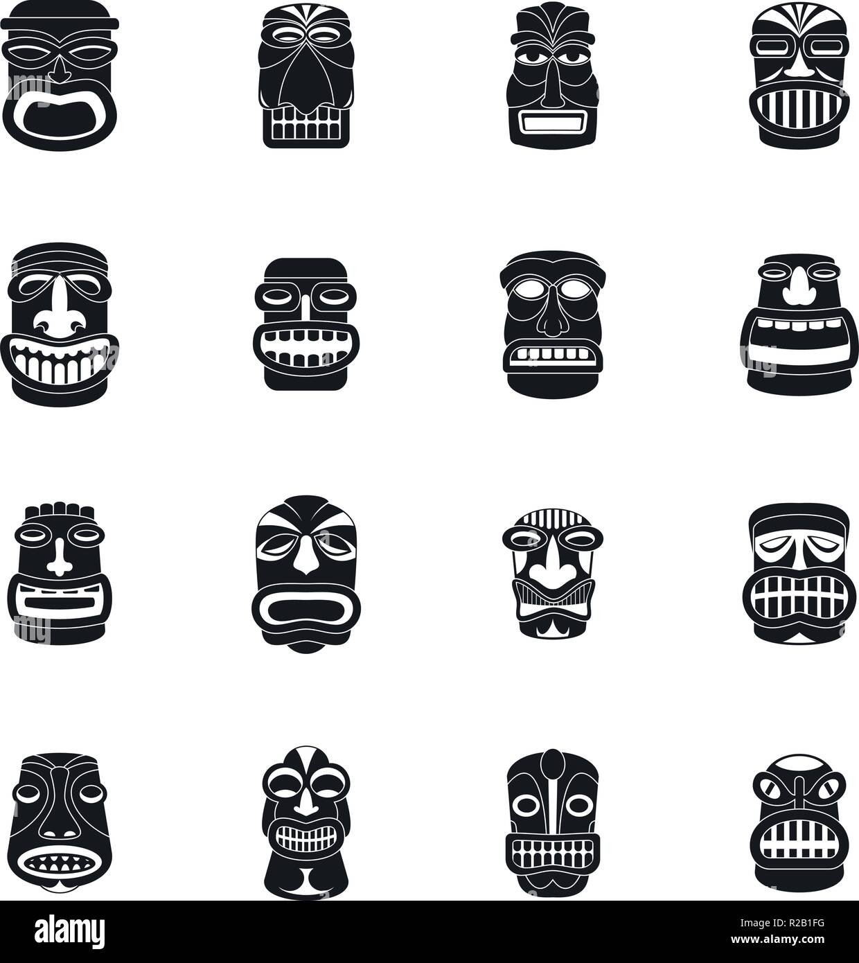 Idole Tiki hawaii aztèque face icons set. Illustration simple de 16 idole tiki hawaii aztèque face vector icons for web Illustration de Vecteur