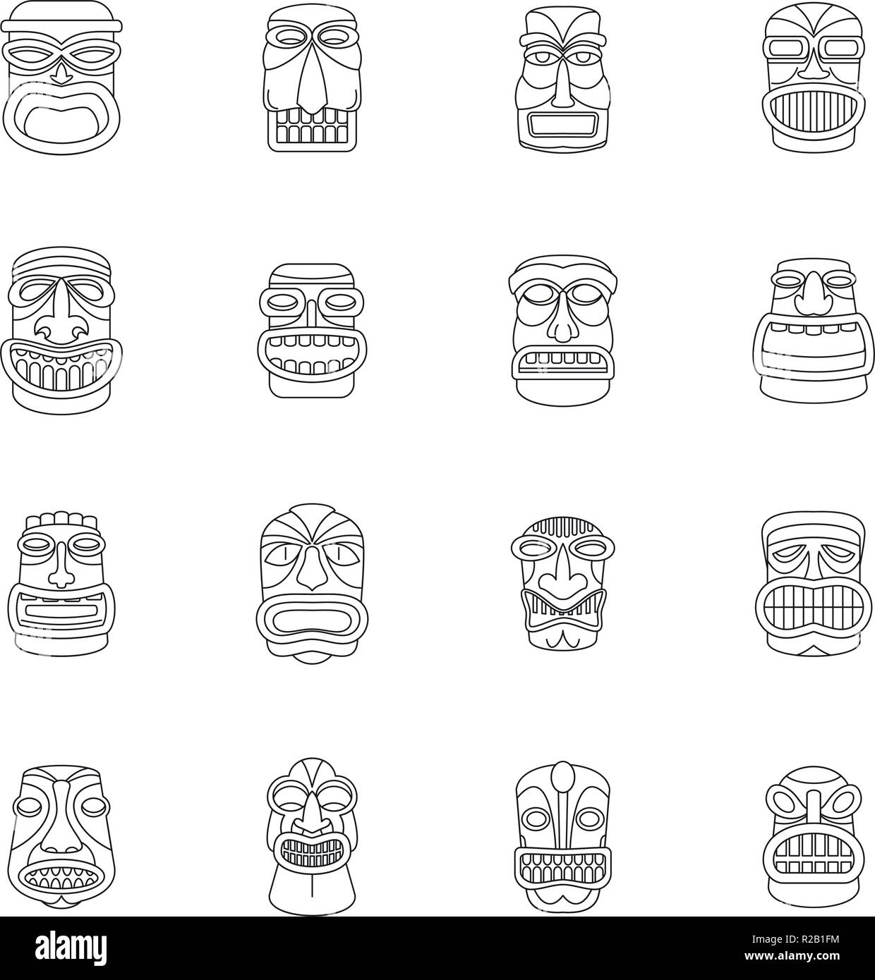 Idole Tiki hawaii aztèque face icons set. Illustration de contour 16 idole tiki hawaii aztèque face vector icons for web Illustration de Vecteur