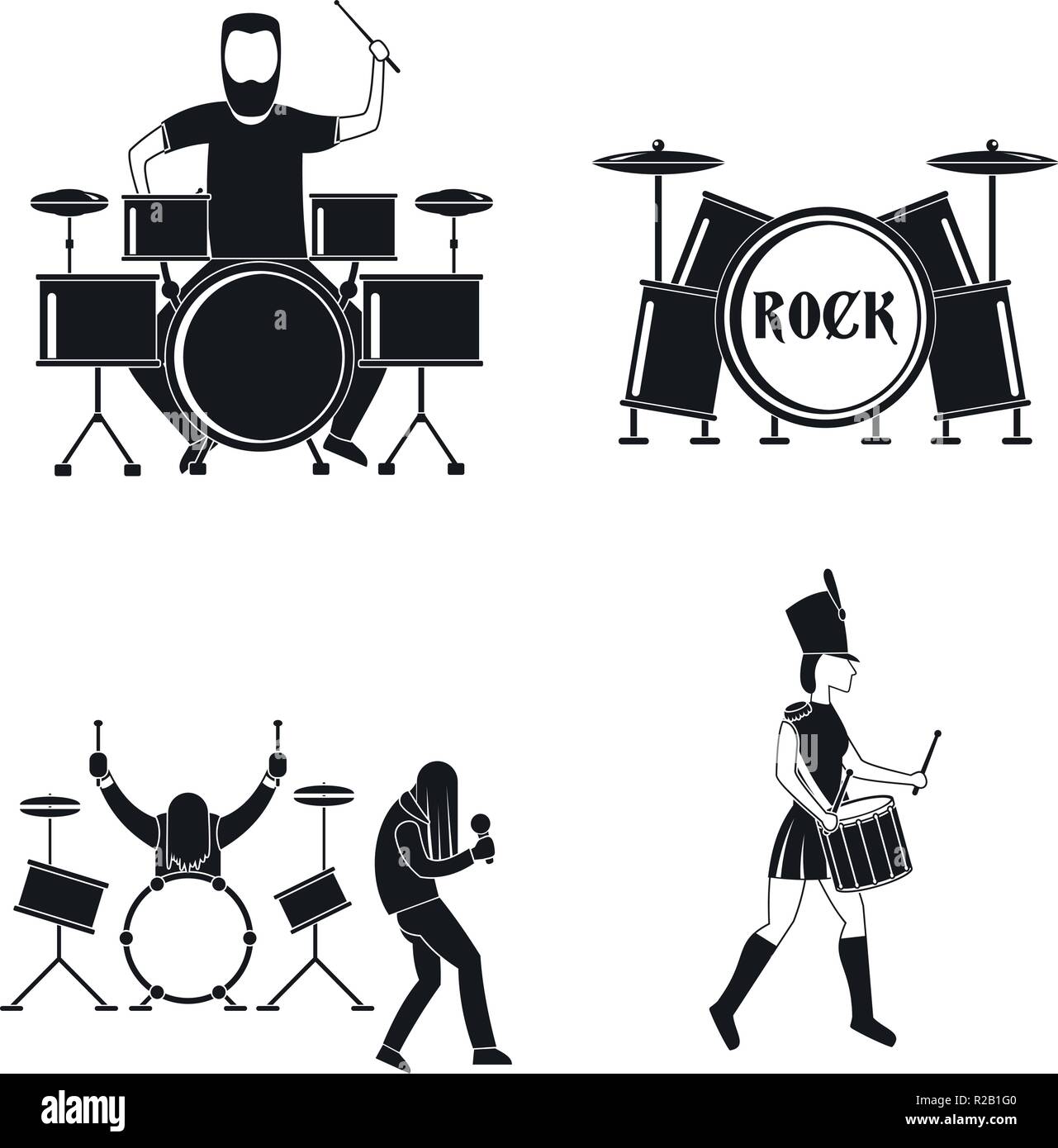 Tambour batteur musicien rock icons set. Illustration simple de 4 tambour batteur musicien rock vector icons for web Illustration de Vecteur