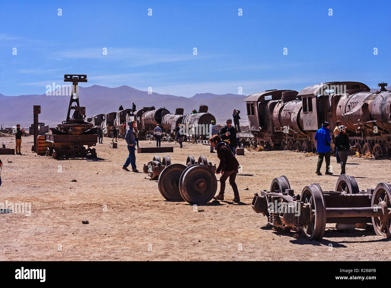 À la gare de train ancien cimetière au Salar de Uyuni Uyuni (Bolivie) de sel Banque D'Images