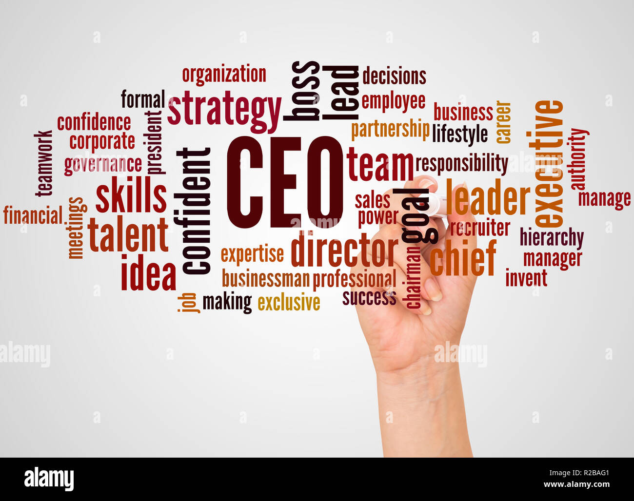 CEO - Chief Executive Officer, word cloud et part avec le concept sur fond blanc. Banque D'Images