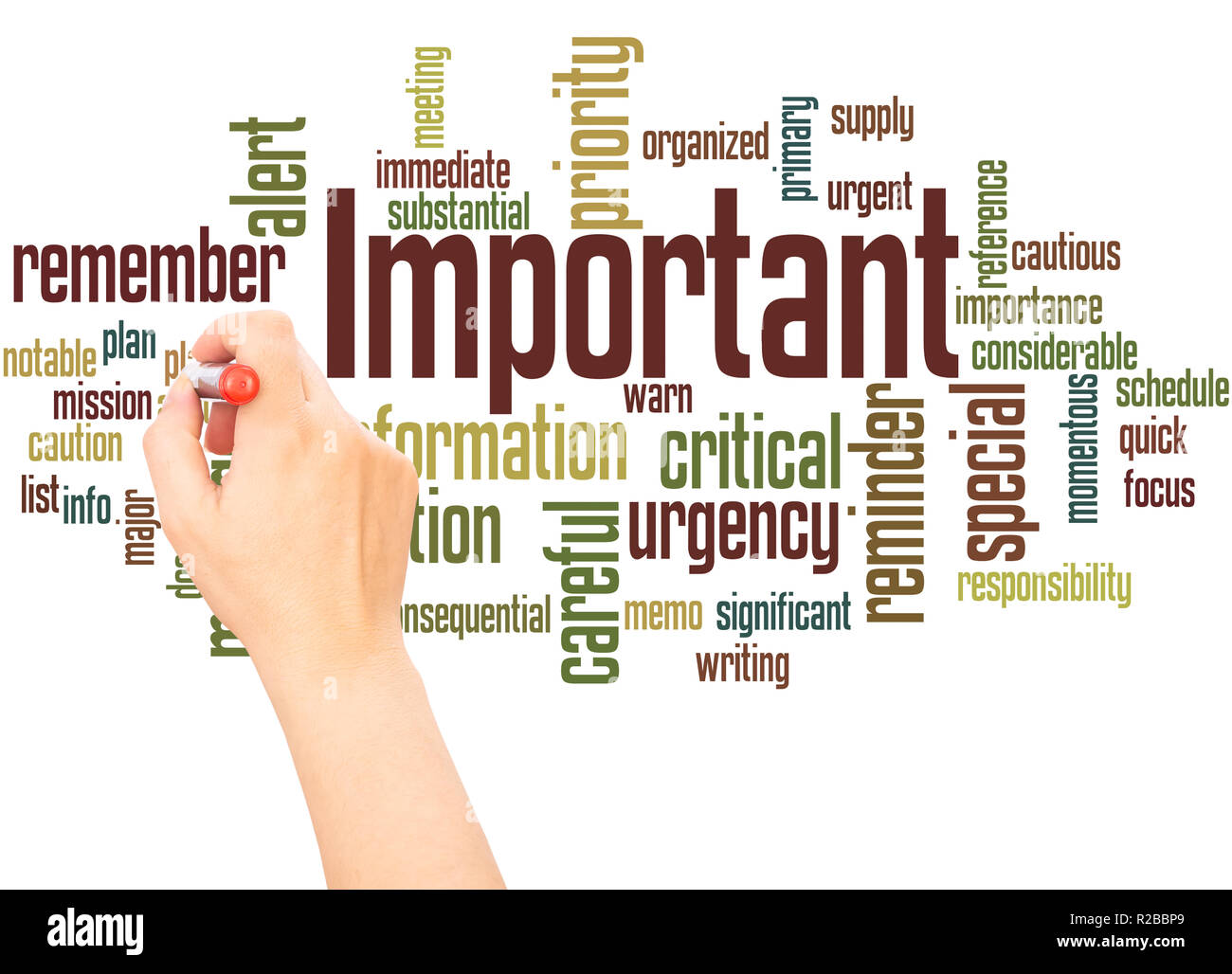 Nuage de mots important concept écrit à la main sur fond blanc. Banque D'Images