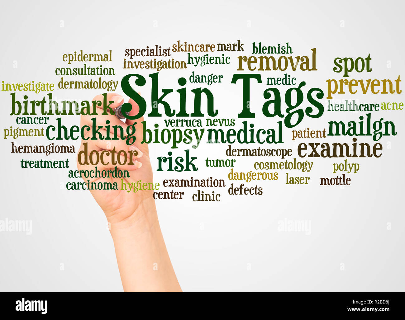 Peau Tags nuage de mots et part avec le concept sur fond blanc. Banque D'Images