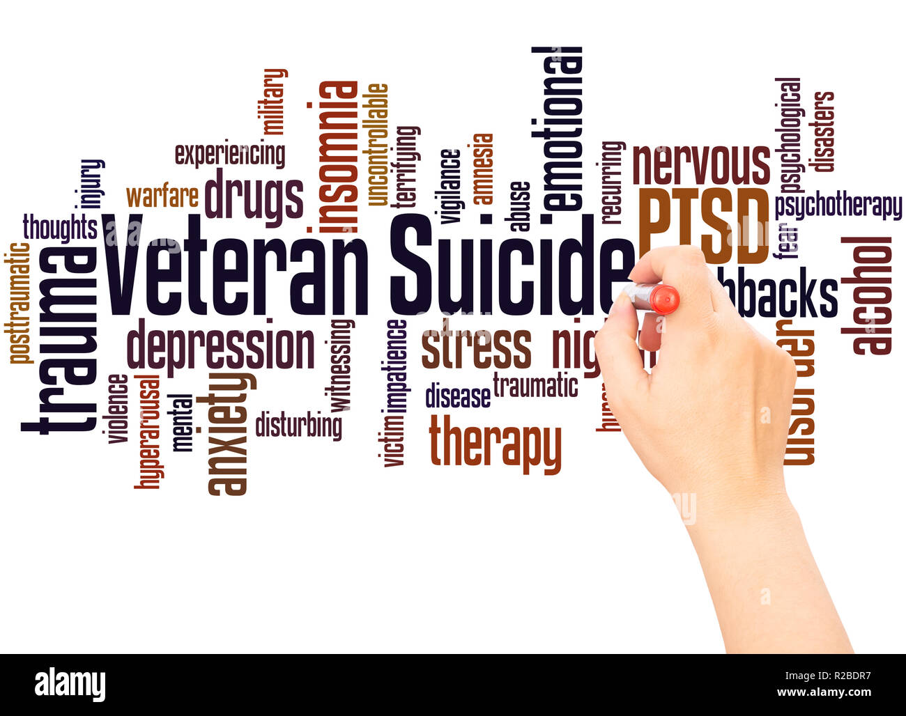 Nuage de mots Suicide vétéran la main concept sur fond blanc. Banque D'Images