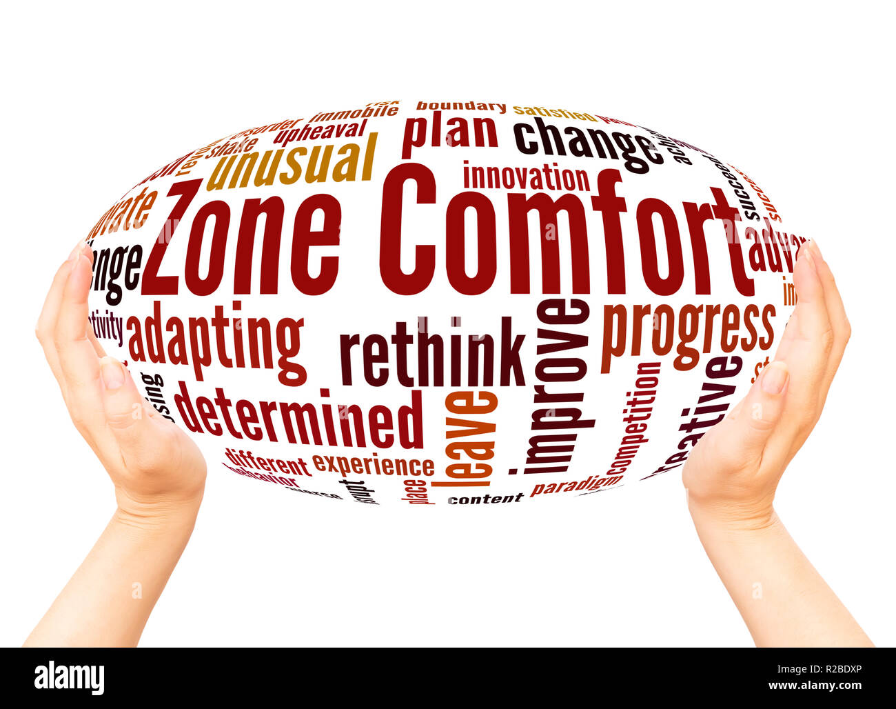 Nuage de mots Zone Comfort sphère main concept sur fond blanc. Banque D'Images