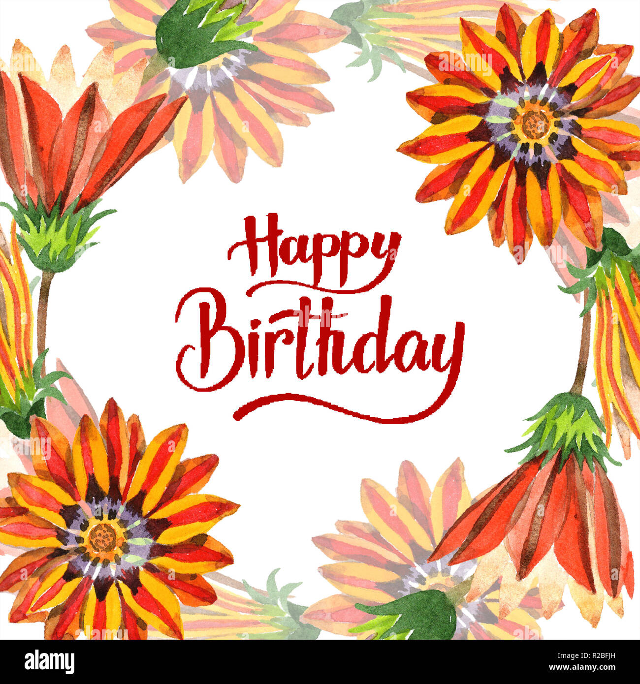 Gazania Fleur Orange Joyeux Anniversaire Monogramme L Ecriture La Calligraphie Contexte Aquarelle Cadre Ou Une Bordure Photo Stock Alamy