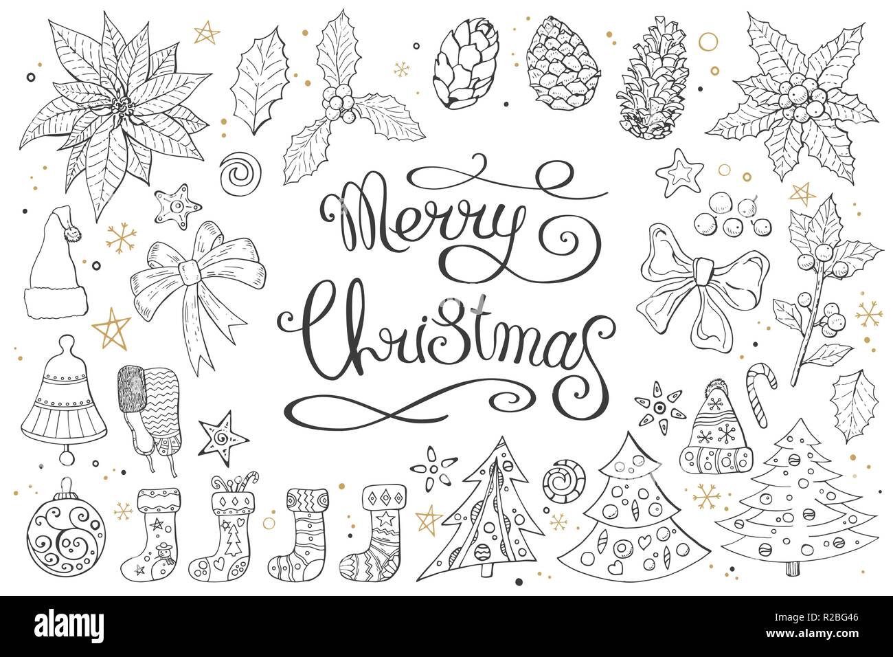 Grand ensemble avec vintage décoration de Noël. Éléments et symboles de fête du nouvel an pour la conception. Isolé sur fond blanc. Monochrome, contour, Illustration de Vecteur