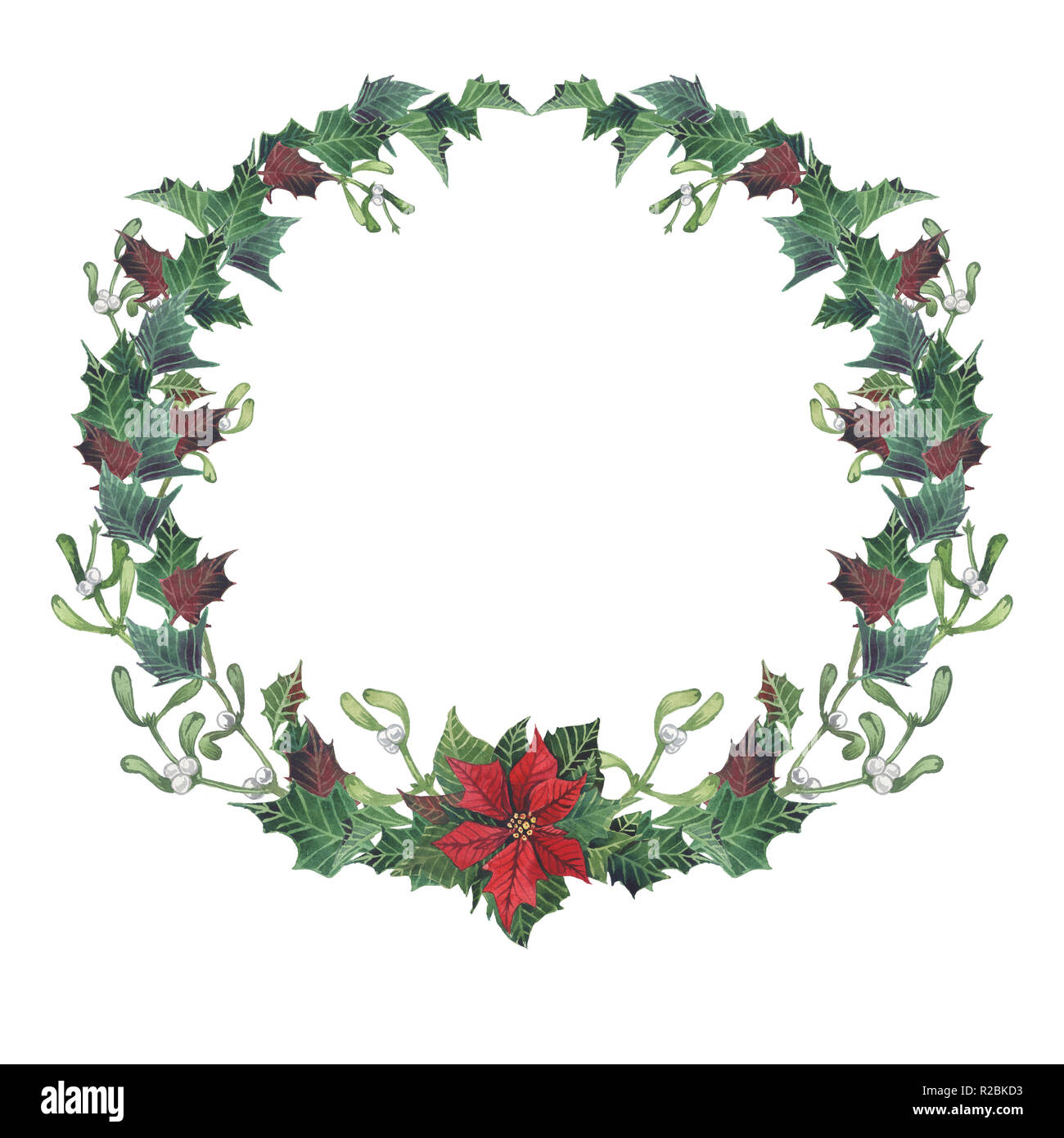 Noël et Nouvel An collection. Guirlande lumineuse avec des feuilles, des branches de gui,sapin,poinsettia.peint à l'aquarelle illustration,parfait pour Ch Banque D'Images