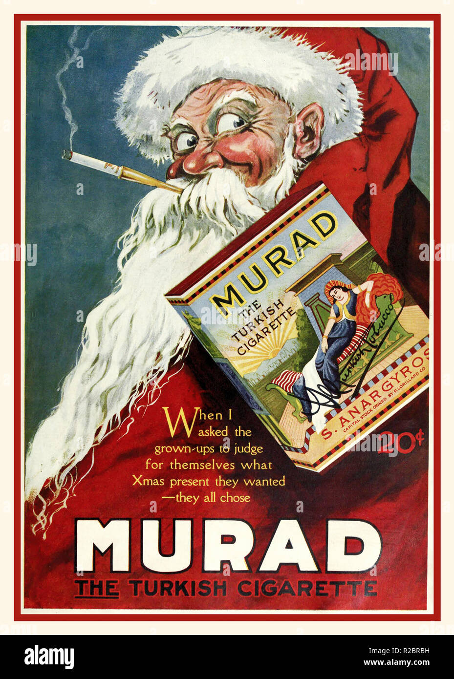 American Vintage USA presse publicité montrant le père Noël Le Père Noël /fumer une cigarette Murad turc, appuyez sur c1920 Le Théâtre Publicité publicités de magazines dans les années 1920 Banque D'Images