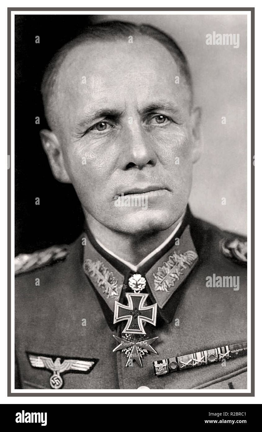 Rommel Portrait Formel d'Erwin Rommel 1940, le général allemand Field Marshall et théoricien militaire. Populairement connu sous le nom de Desert Fox, il a servi de maréchal de champ dans la Wehrmacht de l'Allemagne nazie pendant la seconde Guerre mondiale Rommel était un officier très décoré de la première Guerre mondiale et a reçu le Pour le mérite pour ses actions sur le front italien. Après la Croix de Chevalier de la Croix de fer avec Oak Quitte la médaille à la seconde Guerre mondiale Un ancien maréchal de l'armée de campagne de l'école qui a pu voir les énormes insuffisances irrationnelles d'Adolf Hitler et a soutenu son assassinat (infructueux), qui a scellé à court terme le sort de Rommel. Banque D'Images