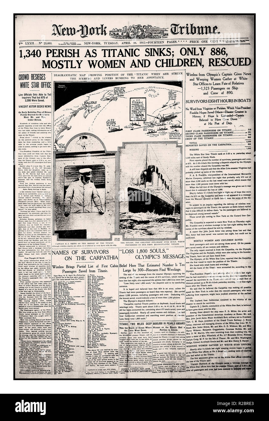 Naufrage du Titanic HEADLINES News Newspaper Vintage New York Tribune journal journaux mardi 16 avril 1912, les rapports sur le tragique naufrage du RMS Titanic 15-16 avril 1912, '1340 périr comme Titanic coule' Banque D'Images