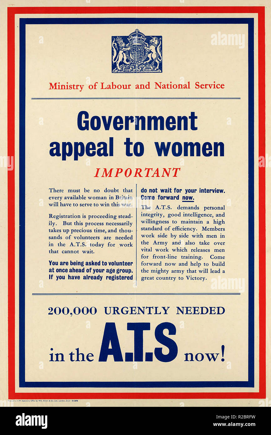 Affiche ATS 1939-45 seconde Guerre mondiale. Appel urgent affiche appel direct du gouvernement aux femmes. La seconde Guerre mondiale important. 200000 urgent dans les A.T.S maintenant ! Le Service territorial auxiliaire était la branche féminine de l'armée britannique pendant la seconde Guerre mondiale, le Service territorial auxiliaire ATS était la branche féminine de l'armée britannique pendant la seconde Guerre mondiale. Il a été formé le 9 septembre 1938, initialement comme service volontaire des femmes, et a existé jusqu'au 1er février 1949, quand il a été fusionné dans le corps de l'Armée royale des femmes. Banque D'Images