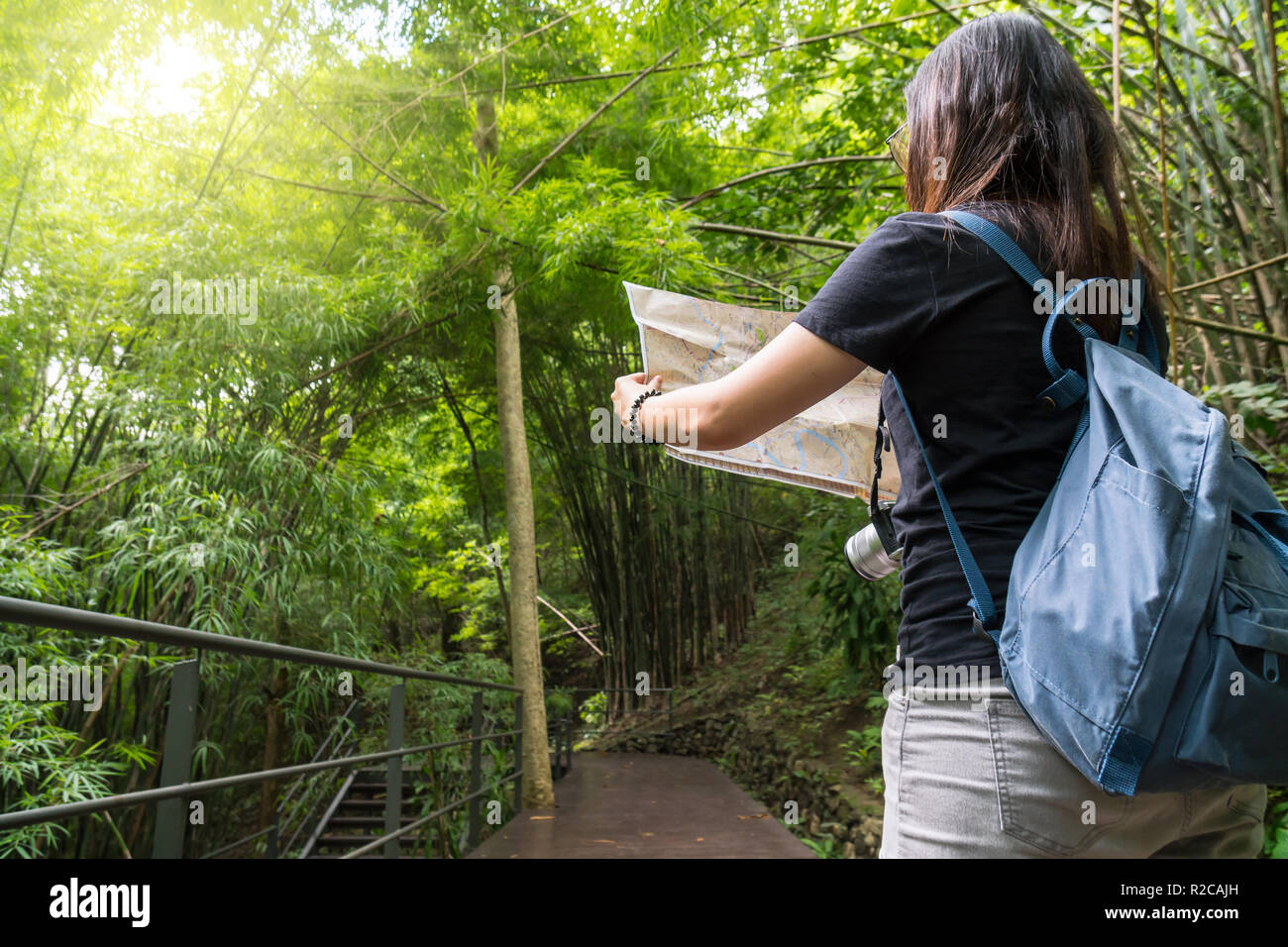 L'arrière de la jeune voyageuse voir la carte dans la forêt profonde, Voyages et transport concept Banque D'Images