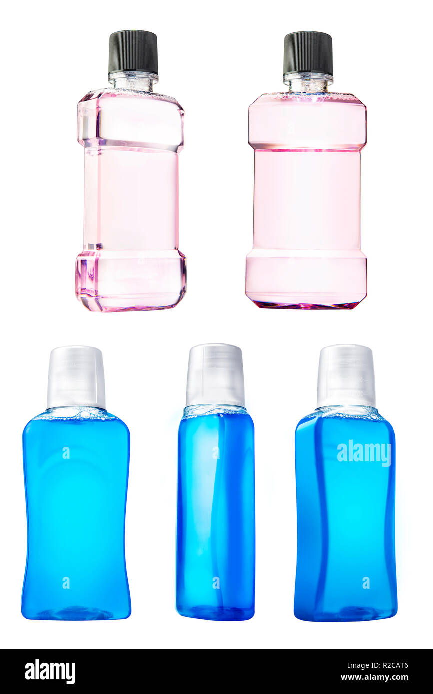 Collecte de l'eau de bouche avec différentes bouteilles isolées d'affichage sur fond blanc Banque D'Images