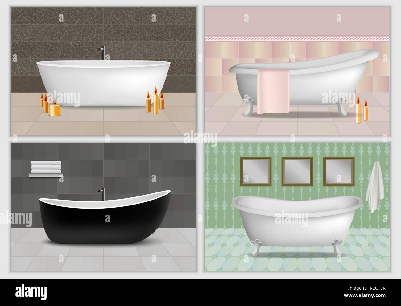 Maquette de l'intérieur de bain baignoire douche ensemble. Illustration  réaliste de bain baignoire douche 4 maquettes d'intérieur pour le web Image  Vectorielle Stock - Alamy