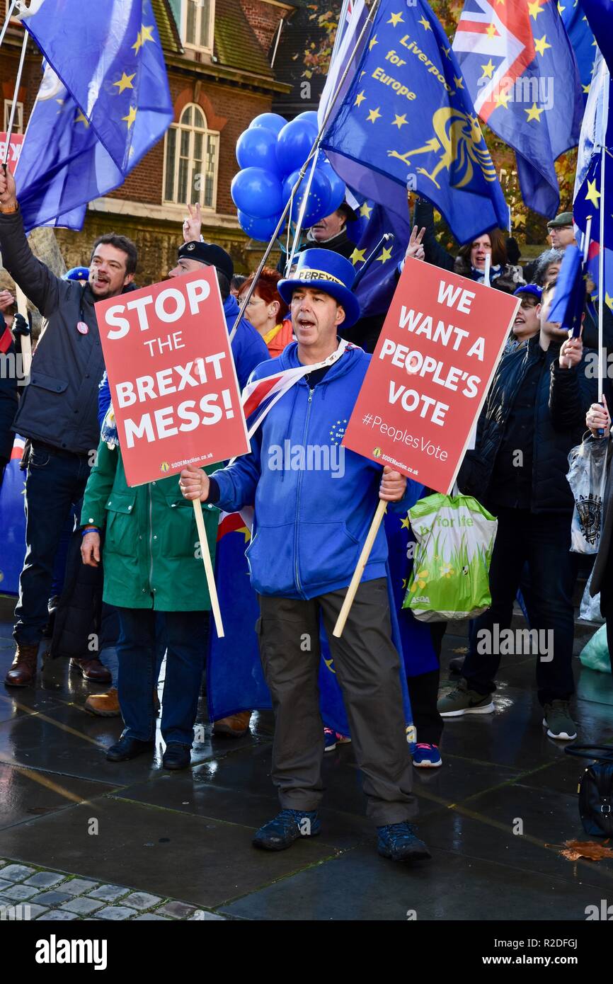 Protestation Anti Brexit par Steve Bray et les membres du stand de Défi Mouvement Européen (SODEM) dans une semaine, ce qui est crucial pour Teresa mai et le gouvernement conservateur,chambres,London.UK Banque D'Images