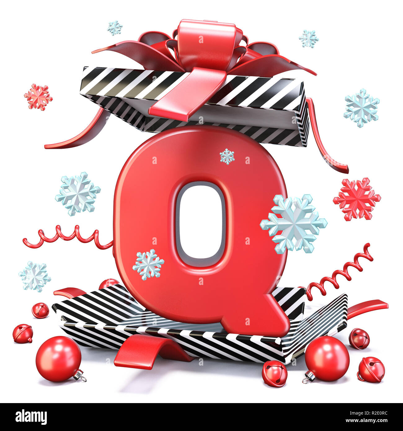 Red Letter Q à l'intérieur open gift box le rendu 3D illustration isolé sur fond blanc Banque D'Images