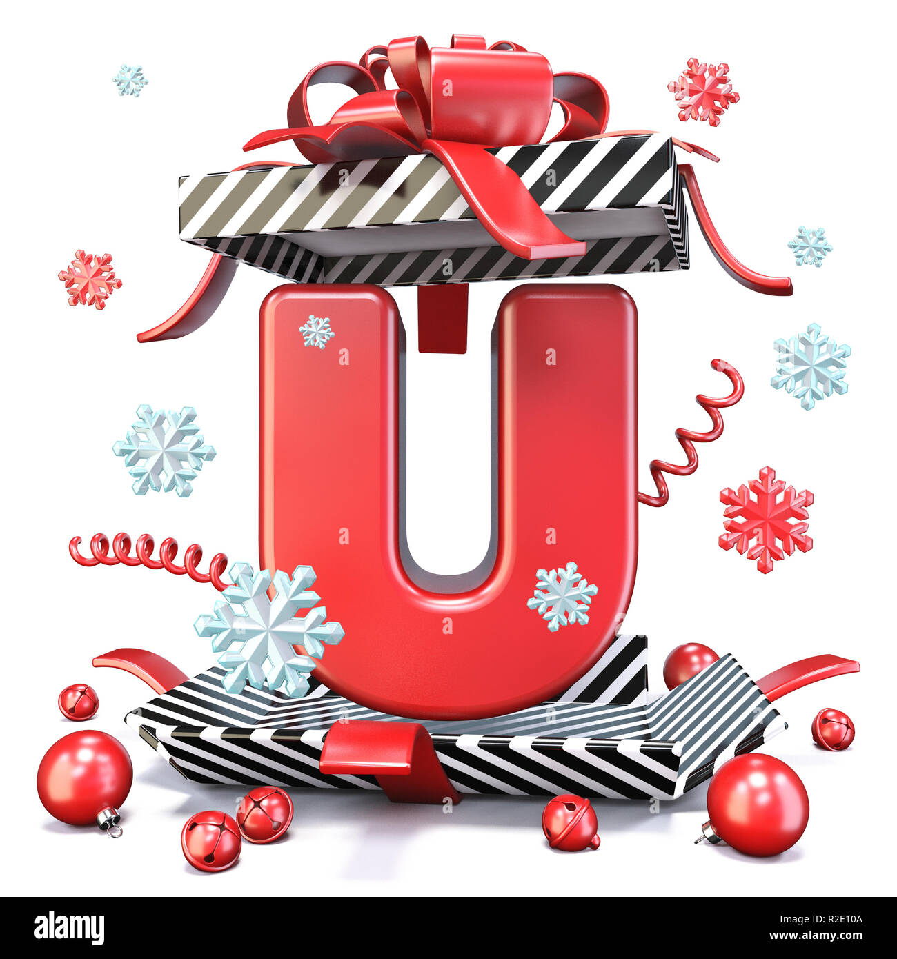 Red Letter U intérieur open gift box le rendu 3D illustration isolé sur fond blanc Banque D'Images