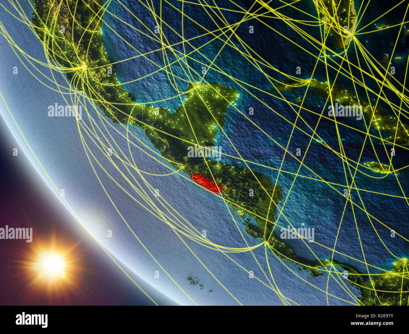 El Salvador sur la planète Terre depuis l'espace avec réseau. Concept de communication internationale, de la technologie et les voyages. 3D illustration. Éléments de cette Banque D'Images
