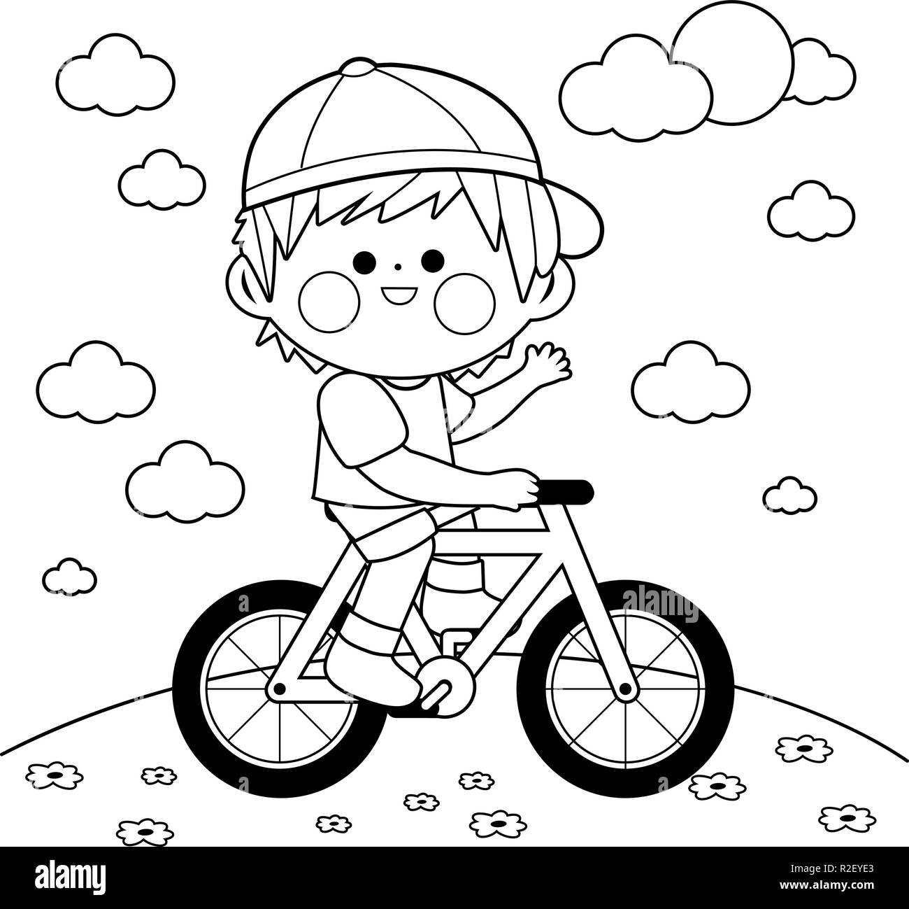 Happy Boy monte son vélo à l'extérieur dans la nature. Enfant faisant du vélo au parc. Page de coloriage noir et blanc vectoriel. Illustration de Vecteur